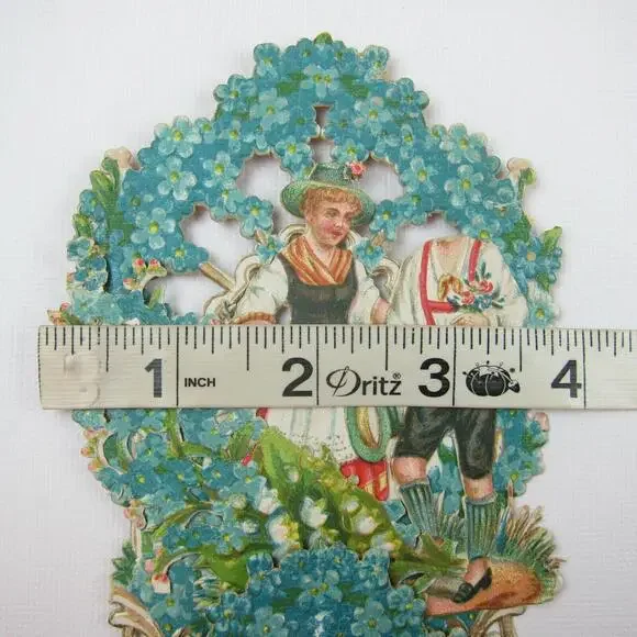 Vintage Valentine 3D Pop Up Die Cut German Girl Red Boy Lederhosen Blue Flowers - Picture 7 of 12